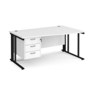 Maestro 25 right hand wave desk 1600mm wide with 3 drawer pedestal - black cable managed leg frame and white top