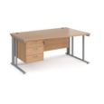 Maestro 25 right hand wave desk 1600mm wide with 3 drawer pedestal - silver cable managed leg frame and beech top