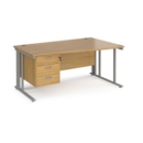 Maestro 25 right hand wave desk 1600mm wide with 3 drawer pedestal - silver cable managed leg frame and oak top