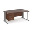 Maestro 25 right hand wave desk 1600mm wide with 3 drawer pedestal - silver cable managed leg frame and walnut top