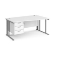 Maestro 25 right hand wave desk 1600mm wide with 3 drawer pedestal - silver cable managed leg frame and white top