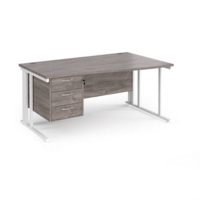 Maestro 25 right hand wave desk 1600mm wide with 3 drawer pedestal - white cable managed leg frame and grey oak top