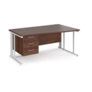 Maestro 25 right hand wave desk 1600mm wide with 3 drawer pedestal - white cable managed leg frame and walnut top