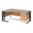 Maestro 25 left hand ergonomic desk 1800mm wide with 2 drawer pedestal - black cable managed leg frame and beech top