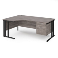 Maestro 25 left hand ergonomic desk 1800mm wide with 2 drawer pedestal - black cable managed leg frame and grey oak top
