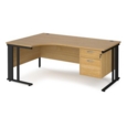 Maestro 25 left hand ergonomic desk 1800mm wide with 2 drawer pedestal - black cable managed leg frame and oak top