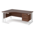 Maestro 25 left hand ergonomic desk 1800mm wide with 2 drawer pedestal - white cable managed leg frame and walnut top