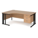 Maestro 25 left hand ergonomic desk 1800mm wide with 3 drawer pedestal - black cable managed leg frame and beech top