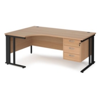 Maestro 25 left hand ergonomic desk 1800mm wide with 3 drawer pedestal - black cable managed leg frame and beech top