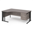 Maestro 25 left hand ergonomic desk 1800mm wide with 3 drawer pedestal - black cable managed leg frame and grey oak top