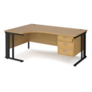 Maestro 25 left hand ergonomic desk 1800mm wide with 3 drawer pedestal - black cable managed leg frame and oak top