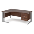 Maestro 25 left hand ergonomic desk 1800mm wide with 3 drawer pedestal - silver cable managed leg frame and walnut top