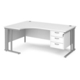 Maestro 25 left hand ergonomic desk 1800mm wide with 3 drawer pedestal - silver cable managed leg frame and white top