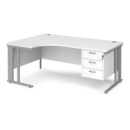 Maestro 25 left hand ergonomic desk 1800mm wide with 3 drawer pedestal - silver cable managed leg frame and white top