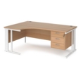 Maestro 25 left hand ergonomic desk 1800mm wide with 3 drawer pedestal - white cable managed leg frame and beech top