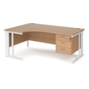 Maestro 25 left hand ergonomic desk 1800mm wide with 3 drawer pedestal - white cable managed leg frame and beech top