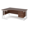 Maestro 25 left hand ergonomic desk 1800mm wide with 3 drawer pedestal - white cable managed leg frame and walnut top