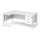 Maestro 25 left hand ergonomic desk 1800mm wide with 3 drawer pedestal - white cable managed leg frame and white top