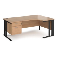 Maestro 25 right hand ergonomic desk 1800mm wide with 2 drawer pedestal - black cable managed leg frame and beech top