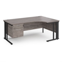 Maestro 25 right hand ergonomic desk 1800mm wide with 2 drawer pedestal - black cable managed leg frame and grey oak top