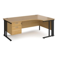 Maestro 25 right hand ergonomic desk 1800mm wide with 2 drawer pedestal - black cable managed leg frame and oak top