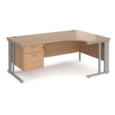 Maestro 25 right hand ergonomic desk 1800mm wide with 2 drawer pedestal - silver cable managed leg frame and beech top