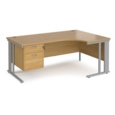 Maestro 25 right hand ergonomic desk 1800mm wide with 2 drawer pedestal - silver cable managed leg frame and oak top