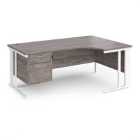 Maestro 25 right hand ergonomic desk 1800mm wide with 2 drawer pedestal - white cable managed leg frame and grey oak top