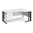 Maestro 25 right hand ergonomic desk 1800mm wide with 3 drawer pedestal - black cable managed leg frame and white top