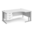 Maestro 25 right hand ergonomic desk 1800mm wide with 3 drawer pedestal - silver cable managed leg frame and white top