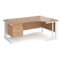 Maestro 25 right hand ergonomic desk 1800mm wide with 3 drawer pedestal - white cable managed leg frame and beech top