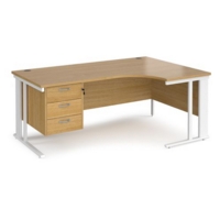 Maestro 25 right hand ergonomic desk 1800mm wide with 3 drawer pedestal - white cable managed leg frame and oak top