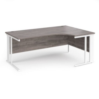 Maestro 25 right hand ergonomic desk 1800mm wide - white cable managed leg frame and grey oak top