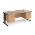 Maestro 25 straight desk 1800mm x 800mm with two x 2 drawer pedestals - black cable managed leg frame and beech top