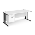Maestro 25 straight desk 1800mm x 800mm with 2 drawer pedestal - black cable managed leg frame and white top