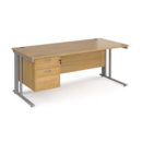 Maestro 25 straight desk 1800mm x 800mm with 2 drawer pedestal - silver cable managed leg frame and oak top