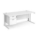 Maestro 25 straight desk 1800mm x 800mm with 2 drawer pedestal - white cable managed leg frame and white top