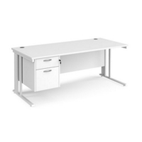 Maestro 25 straight desk 1800mm x 800mm with 2 drawer pedestal - white cable managed leg frame and white top