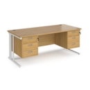 Maestro 25 straight desk 1800mm x 800mm with two x 3 drawer pedestals - white cable managed leg frame and oak top