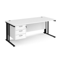 Maestro 25 straight desk 1800mm x 800mm with 3 drawer pedestal - black cable managed leg frame and white top