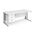 Maestro 25 straight desk 1800mm x 800mm with 3 drawer pedestal - silver cable managed leg frame and white top