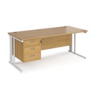 Maestro 25 straight desk 1800mm x 800mm with 3 drawer pedestal - white cable managed leg frame and oak top