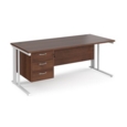 Maestro 25 straight desk 1800mm x 800mm with 3 drawer pedestal - white cable managed leg frame and walnut top