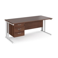 Maestro 25 straight desk 1800mm x 800mm with 3 drawer pedestal - white cable managed leg frame and walnut top