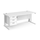 Maestro 25 straight desk 1800mm x 800mm with 3 drawer pedestal - white cable managed leg frame and white top