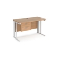 Maestro 25 straight desk 1200mm x 600mm with 2 drawer pedestal - white cable managed leg frame and beech top