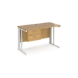 Maestro 25 straight desk 1200mm x 600mm with 2 drawer pedestal - white cable managed leg frame and oak top