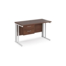 Maestro 25 straight desk 1200mm x 600mm with 2 drawer pedestal - white cable managed leg frame and walnut top