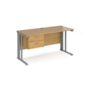 Maestro 25 straight desk 1400mm x 600mm with 2 drawer pedestal - silver cable managed leg frame and oak top