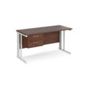 Maestro 25 straight desk 1400mm x 600mm with 2 drawer pedestal - white cable managed leg frame and walnut top